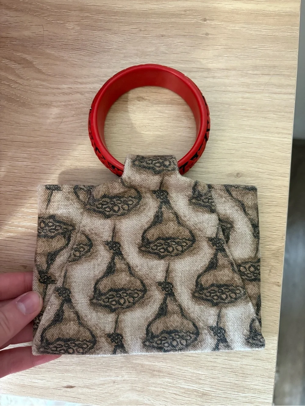 Women's Beige Patterned Wristlet Bag with Red Handle